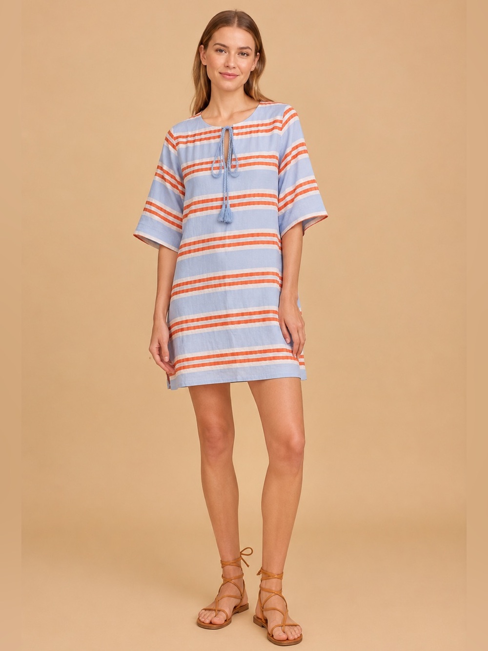 NWT Olivia by Livro Linen Striped Shift Mini Dress Tunic Blue Orange Tassel Tie